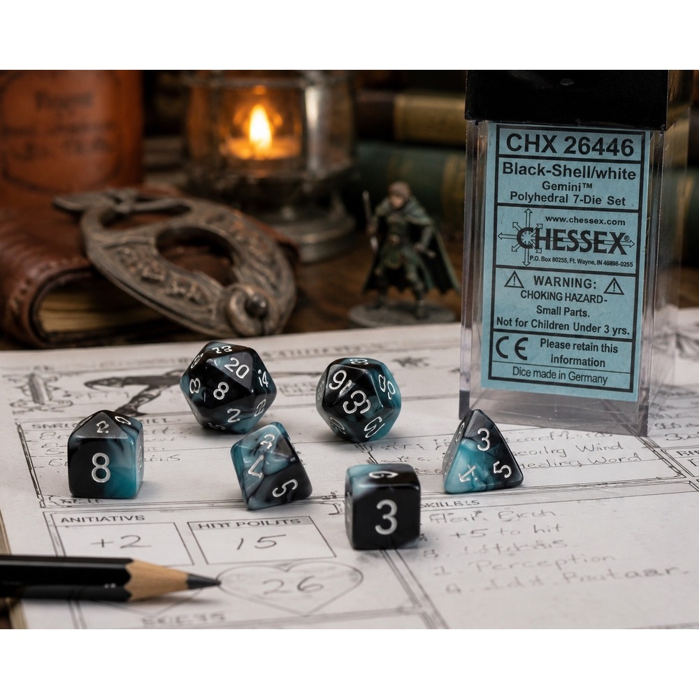 Chessex Gemini Black Shell White Polyhedral 7 Die Set CHX26446 D&D RPG Dice